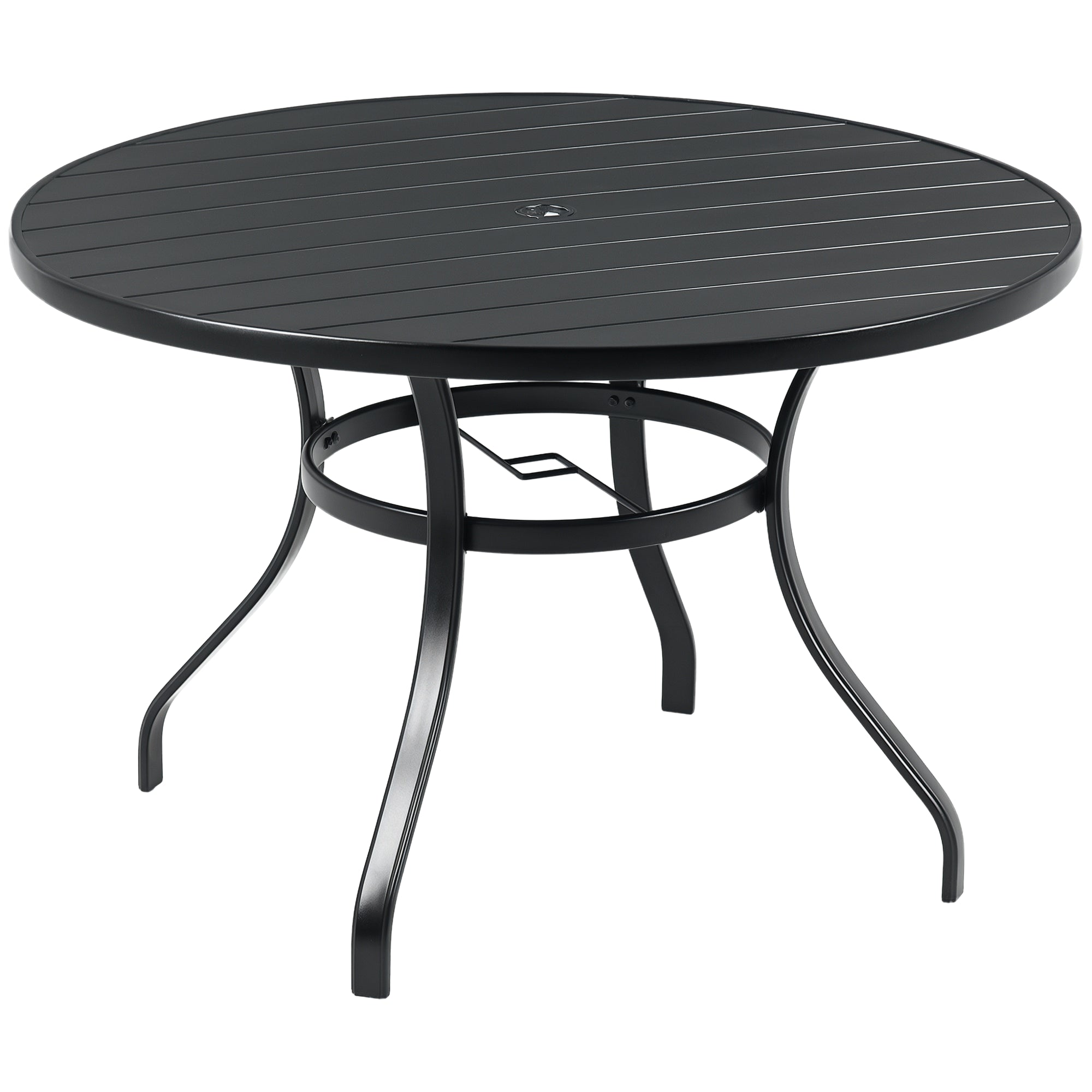 Round Steel Garden Table Ø115x72 cm Outdoor Terrace Table with Slat Board Umbrella Hole Stable Weather Resistant Easy to Assemble Black