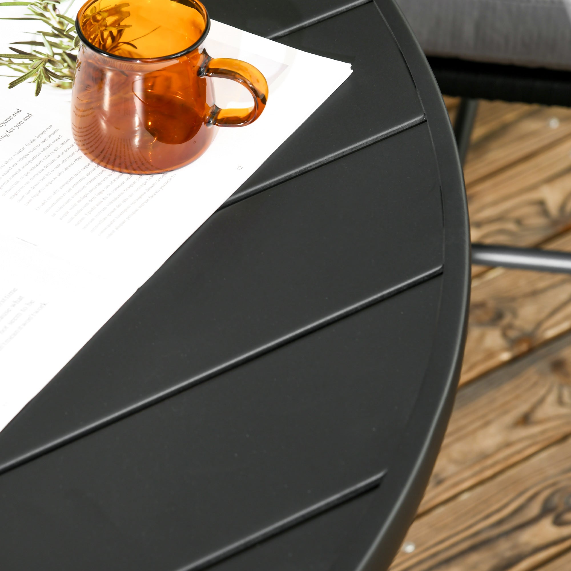 Round Steel Garden Table Ø115x72 cm Outdoor Terrace Table with Slat Board Umbrella Hole Stable Weather Resistant Easy to Assemble Black