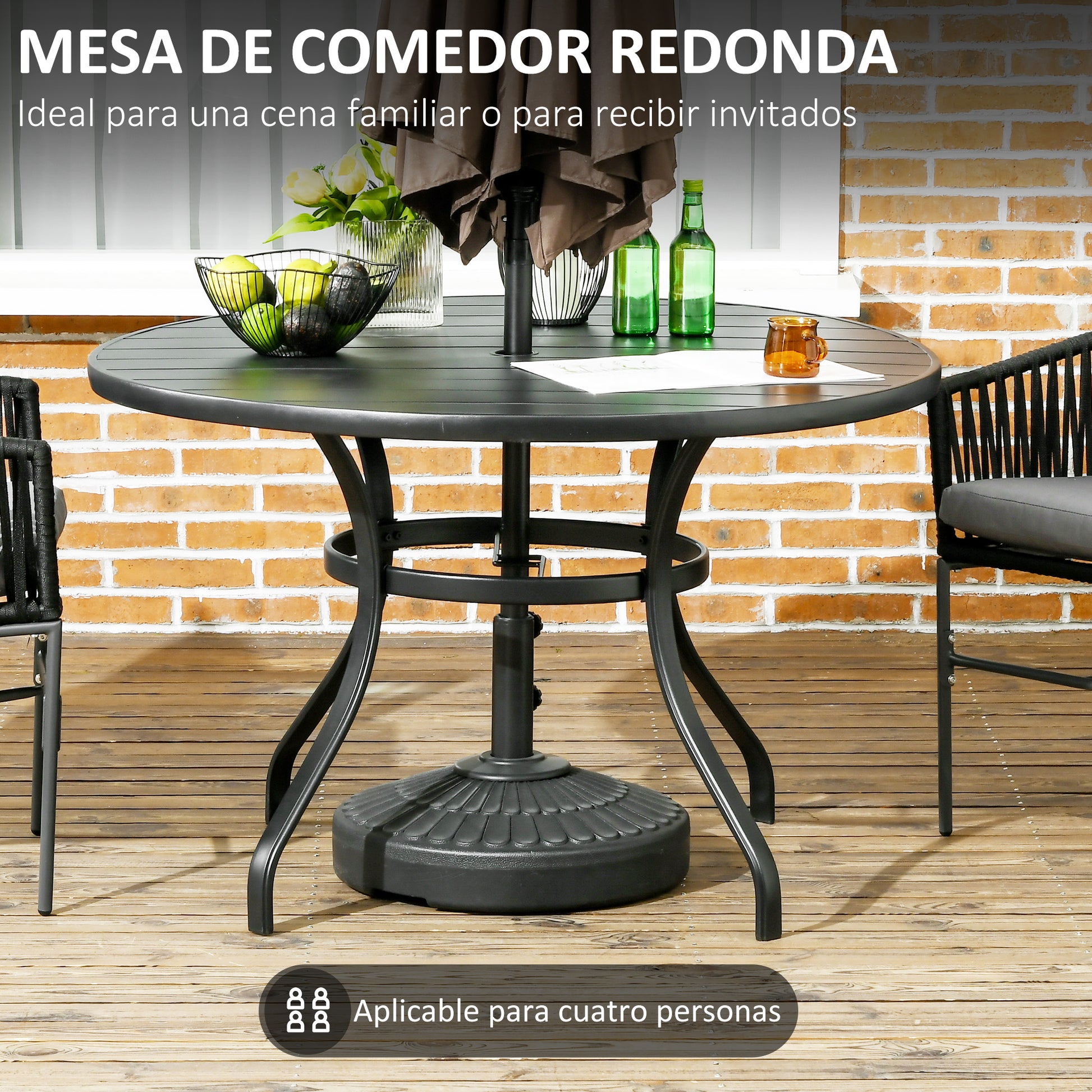 Round Steel Garden Table Ø115x72 cm Outdoor Terrace Table with Slat Board Umbrella Hole Stable Weather Resistant Easy to Assemble Black