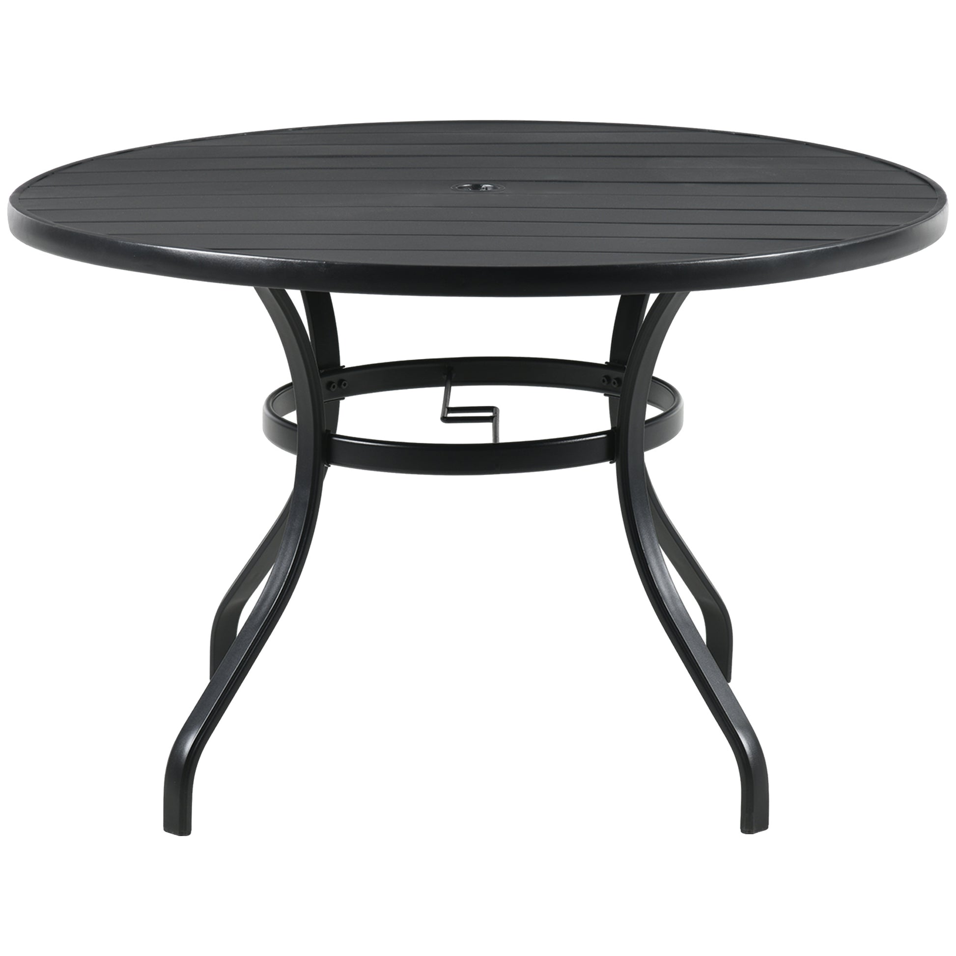 Round Steel Garden Table Ø115x72 cm Outdoor Terrace Table with Slat Board Umbrella Hole Stable Weather Resistant Easy to Assemble Black