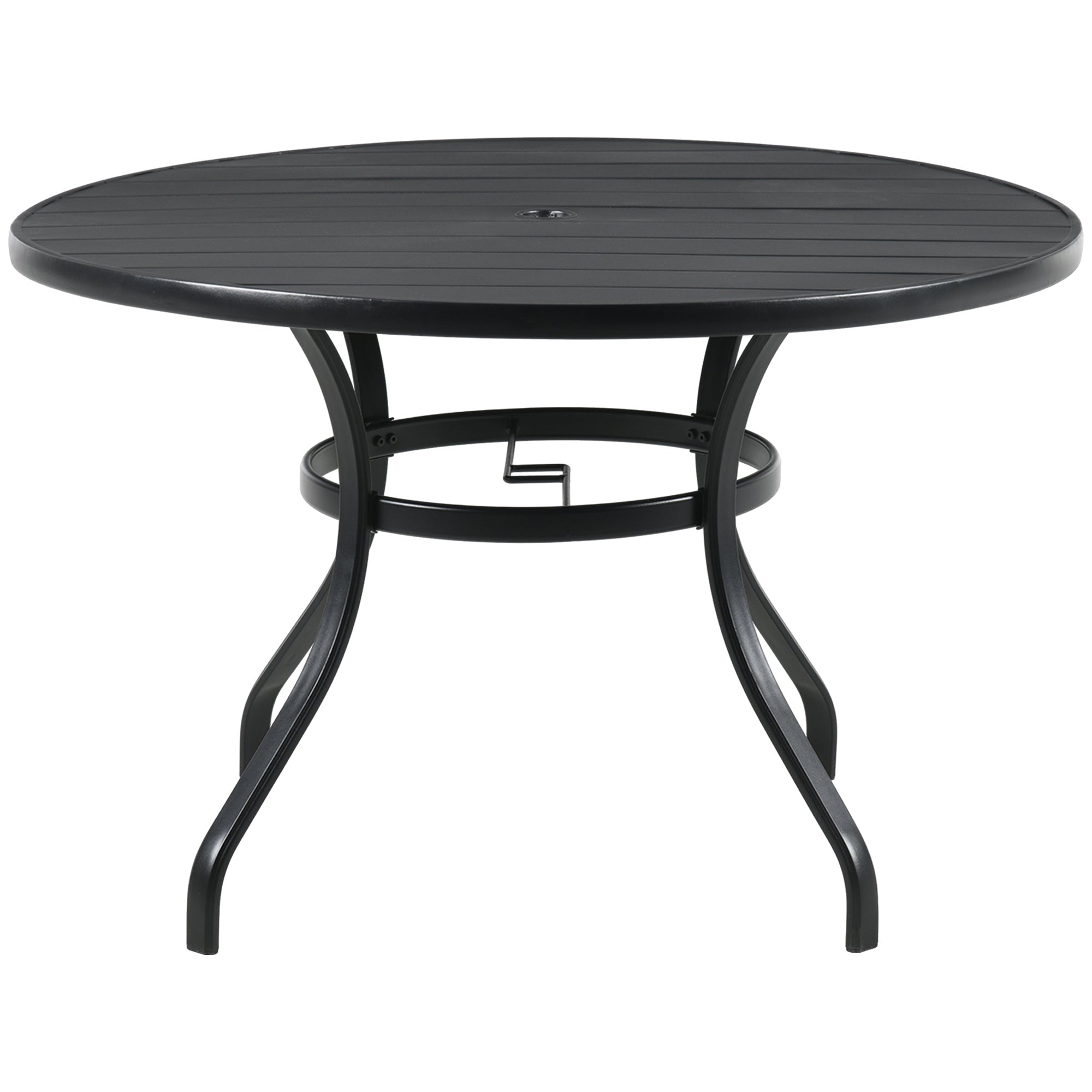 Round Steel Garden Table Ø115x72 cm Outdoor Terrace Table with Slat Board Umbrella Hole Stable Weather Resistant Easy to Assemble Black