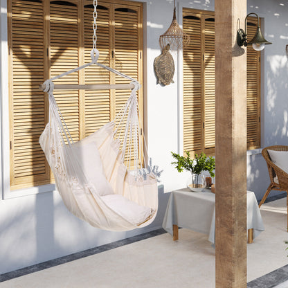 Outdoor Hanging Hammock Chair Swing with 2 Cushions, Cotton-Blend Fabric — Cream