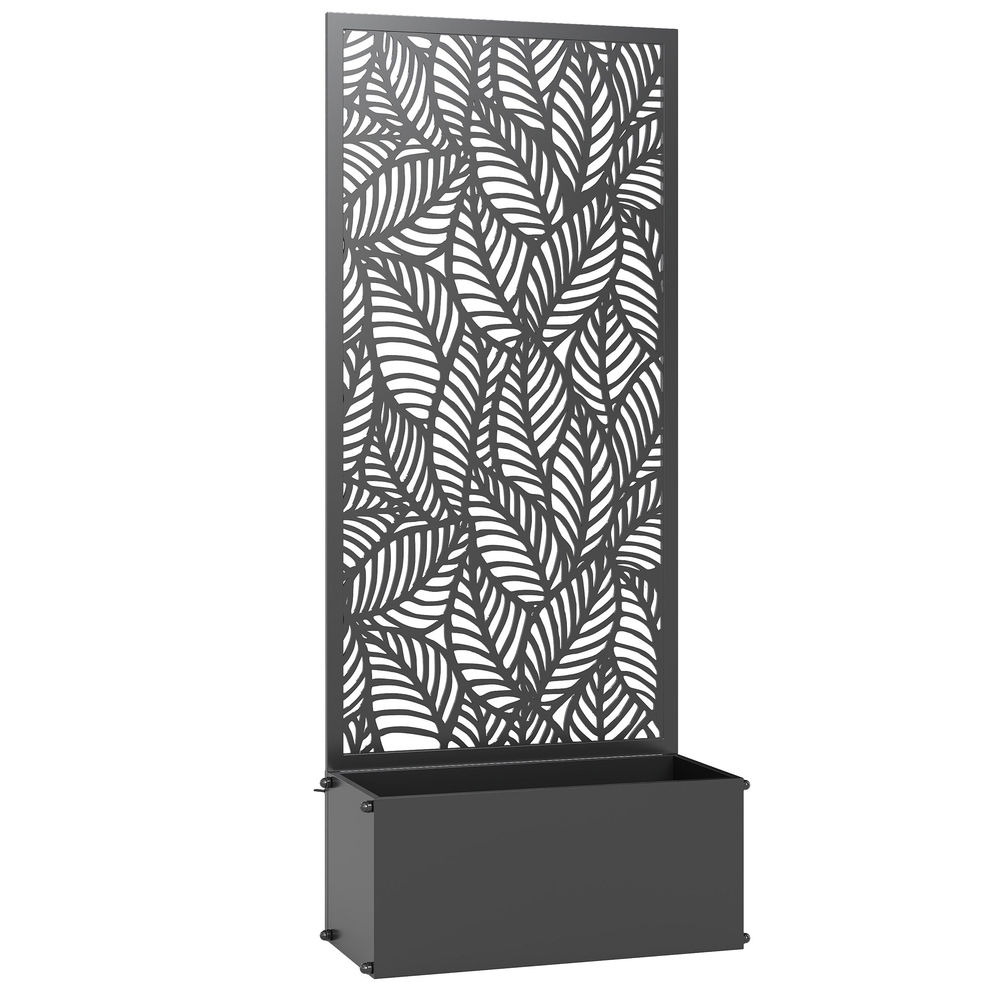 Metal Planter with Trellis — Raised Flower Bed with Privacy Screen, Leaf-Cut Design, for Climbers, Vegetables & Flowers, 45 x 21.5 x 110 cm (Black)