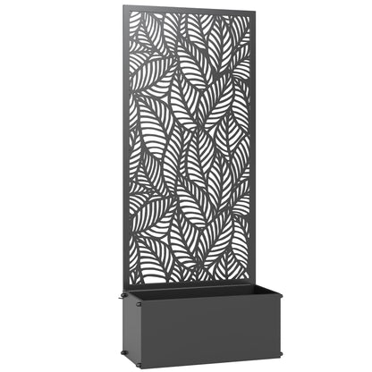 Metal Planter with Trellis — Raised Flower Bed with Privacy Screen, Leaf-Cut Design, for Climbers, Vegetables & Flowers, 45 x 21.5 x 110 cm (Black)