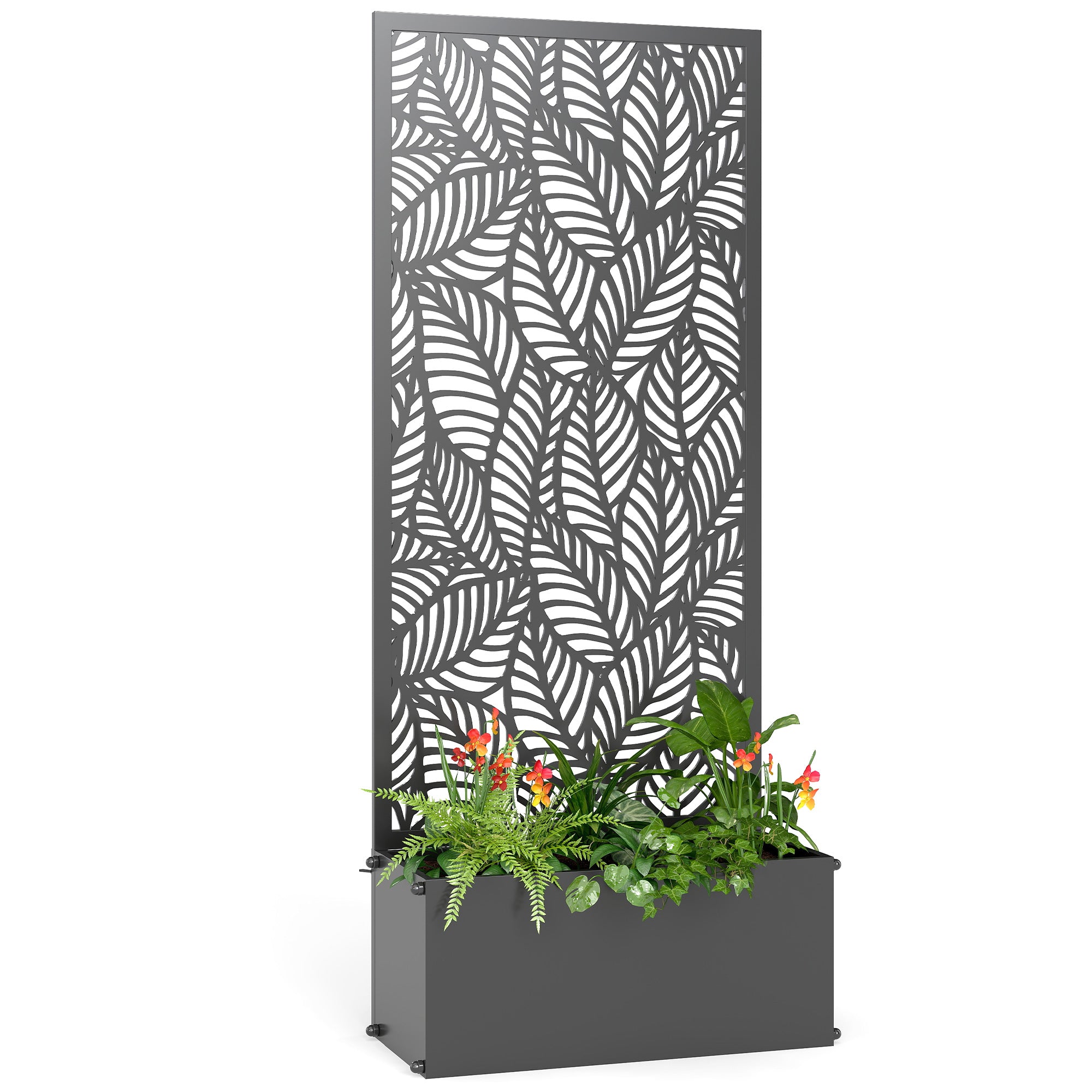 Metal Planter with Trellis — Raised Flower Bed with Privacy Screen, Leaf-Cut Design, for Climbers, Vegetables & Flowers, 45 x 21.5 x 110 cm (Black)