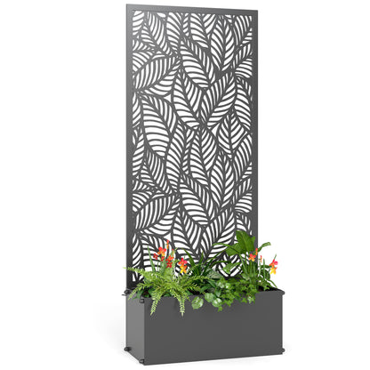 Metal Planter with Trellis — Raised Flower Bed with Privacy Screen, Leaf-Cut Design, for Climbers, Vegetables & Flowers, 45 x 21.5 x 110 cm (Black)