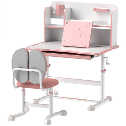 Adjustable Children's Desk and Chair Set for 3-12 Year Olds, School Desk with 45° Tilting Top, Drawer, Shelf, Pen Holder, and Bookstand, in Steel and MDF, Pink