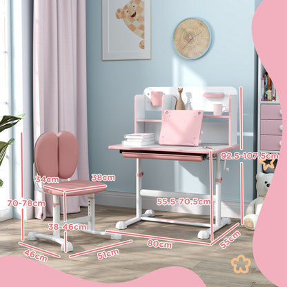 Adjustable Children's Desk and Chair Set for 3-12 Year Olds, School Desk with 45° Tilting Top, Drawer, Shelf, Pen Holder, and Bookstand, in Steel and MDF, Pink