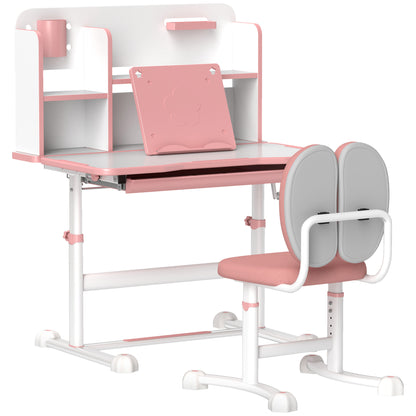 Adjustable Children's Desk and Chair Set for 3-12 Year Olds, School Desk with 45° Tilting Top, Drawer, Shelf, Pen Holder, and Bookstand, in Steel and MDF, Pink