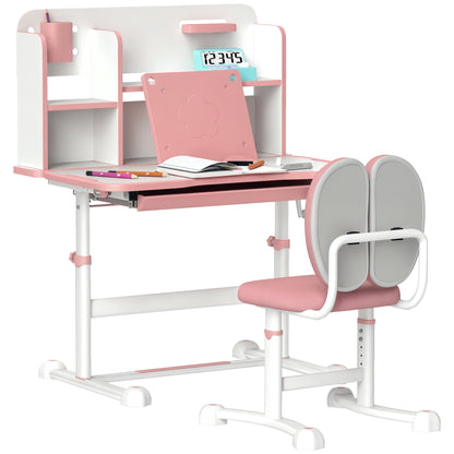 Adjustable Children's Desk and Chair Set for 3-12 Year Olds, School Desk with 45° Tilting Top, Drawer, Shelf, Pen Holder, and Bookstand, in Steel and MDF, Pink