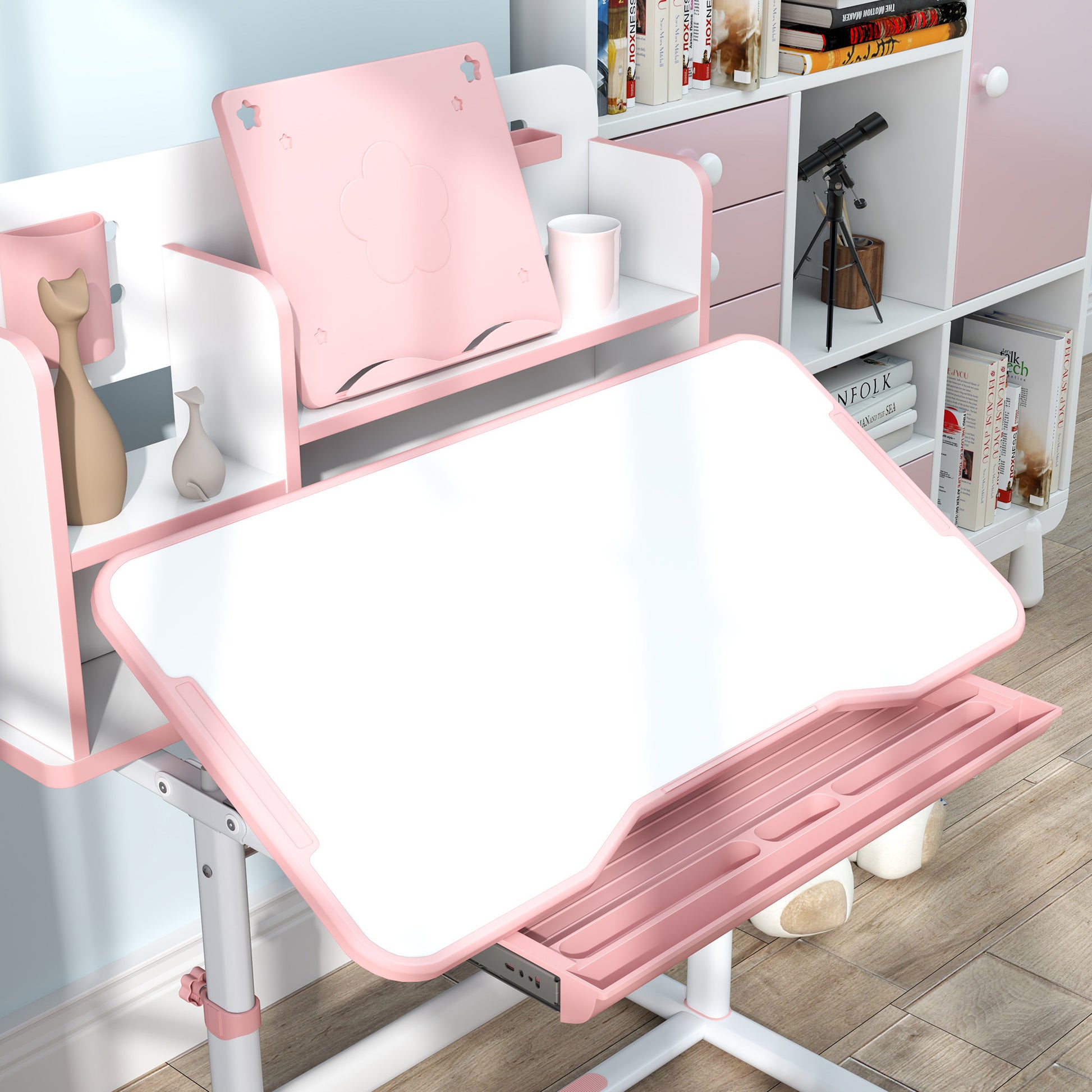 Adjustable Children's Desk and Chair Set for 3-12 Year Olds, School Desk with 45° Tilting Top, Drawer, Shelf, Pen Holder, and Bookstand, in Steel and MDF, Pink