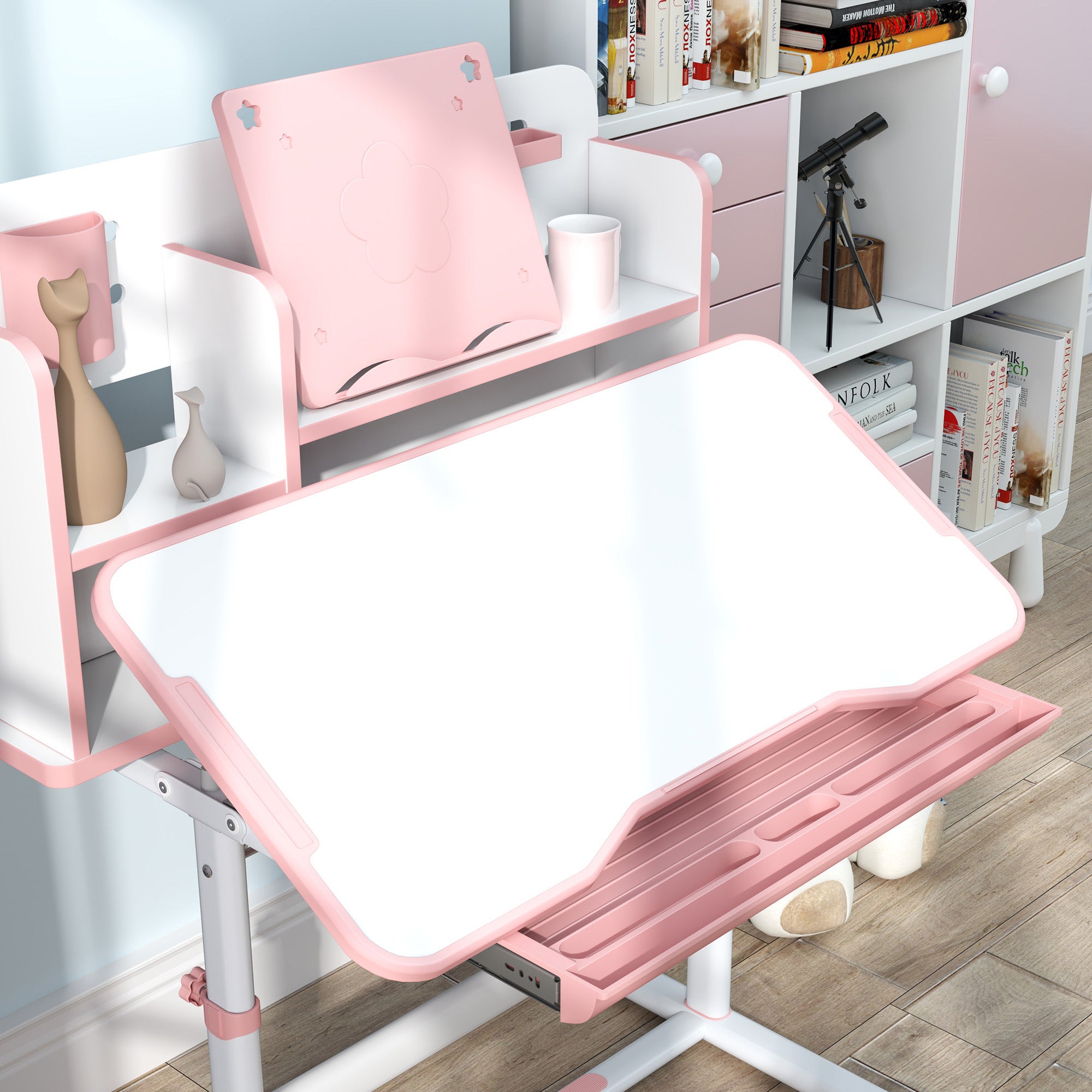Adjustable Children's Desk and Chair Set for 3-12 Year Olds, School Desk with 45° Tilting Top, Drawer, Shelf, Pen Holder, and Bookstand, in Steel and MDF, Pink