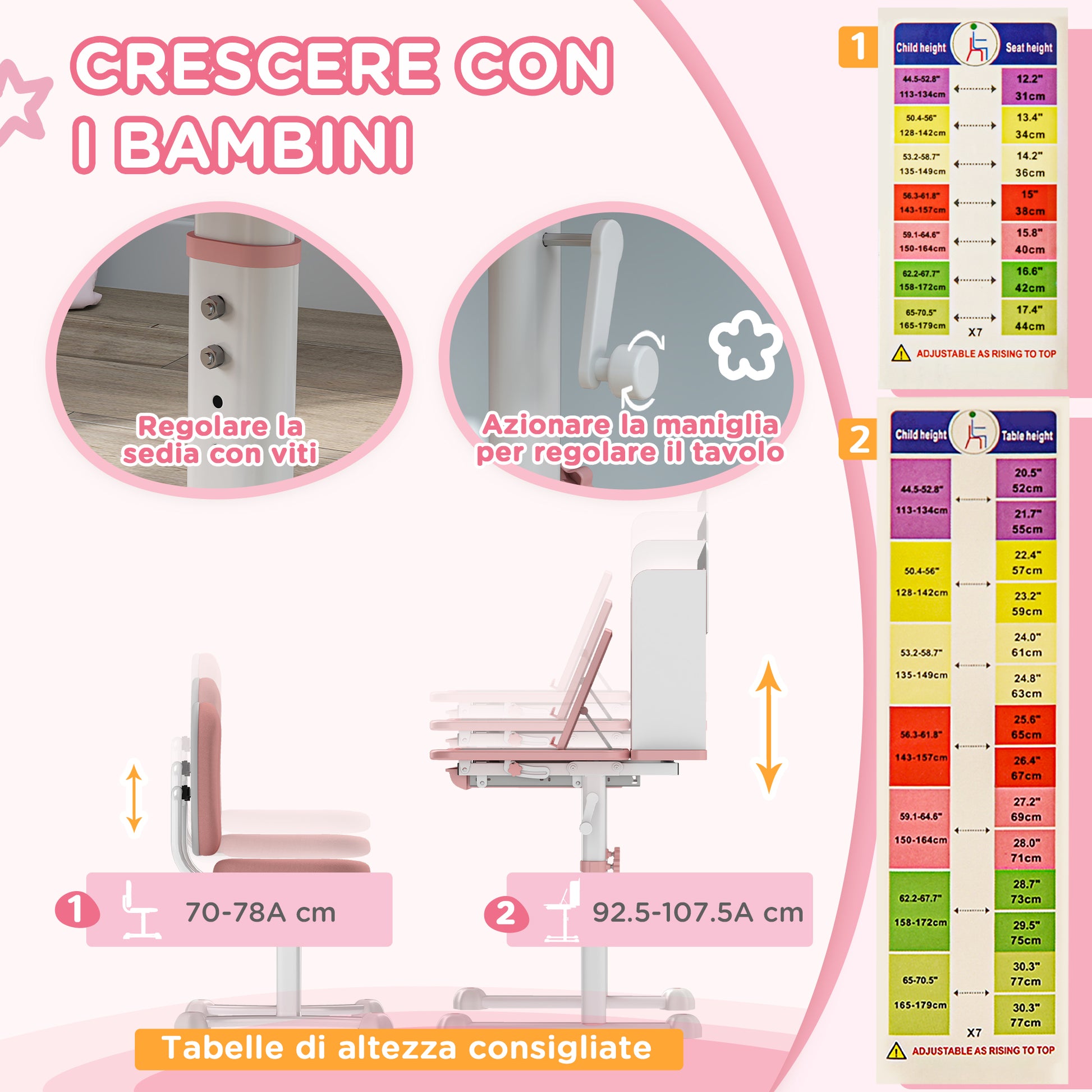 Adjustable Children's Desk and Chair Set for 3-12 Year Olds, School Desk with 45° Tilting Top, Drawer, Shelf, Pen Holder, and Bookstand, in Steel and MDF, Pink
