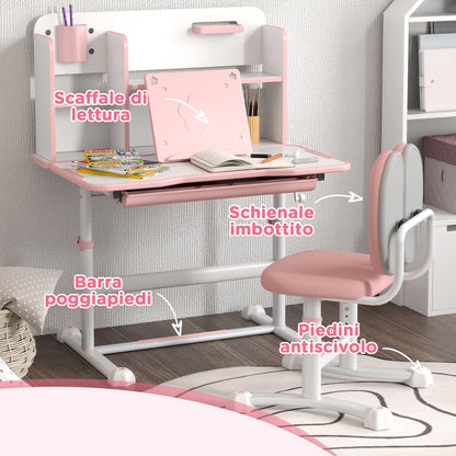 Adjustable Children's Desk and Chair Set for 3-12 Year Olds, School Desk with 45° Tilting Top, Drawer, Shelf, Pen Holder, and Bookstand, in Steel and MDF, Pink