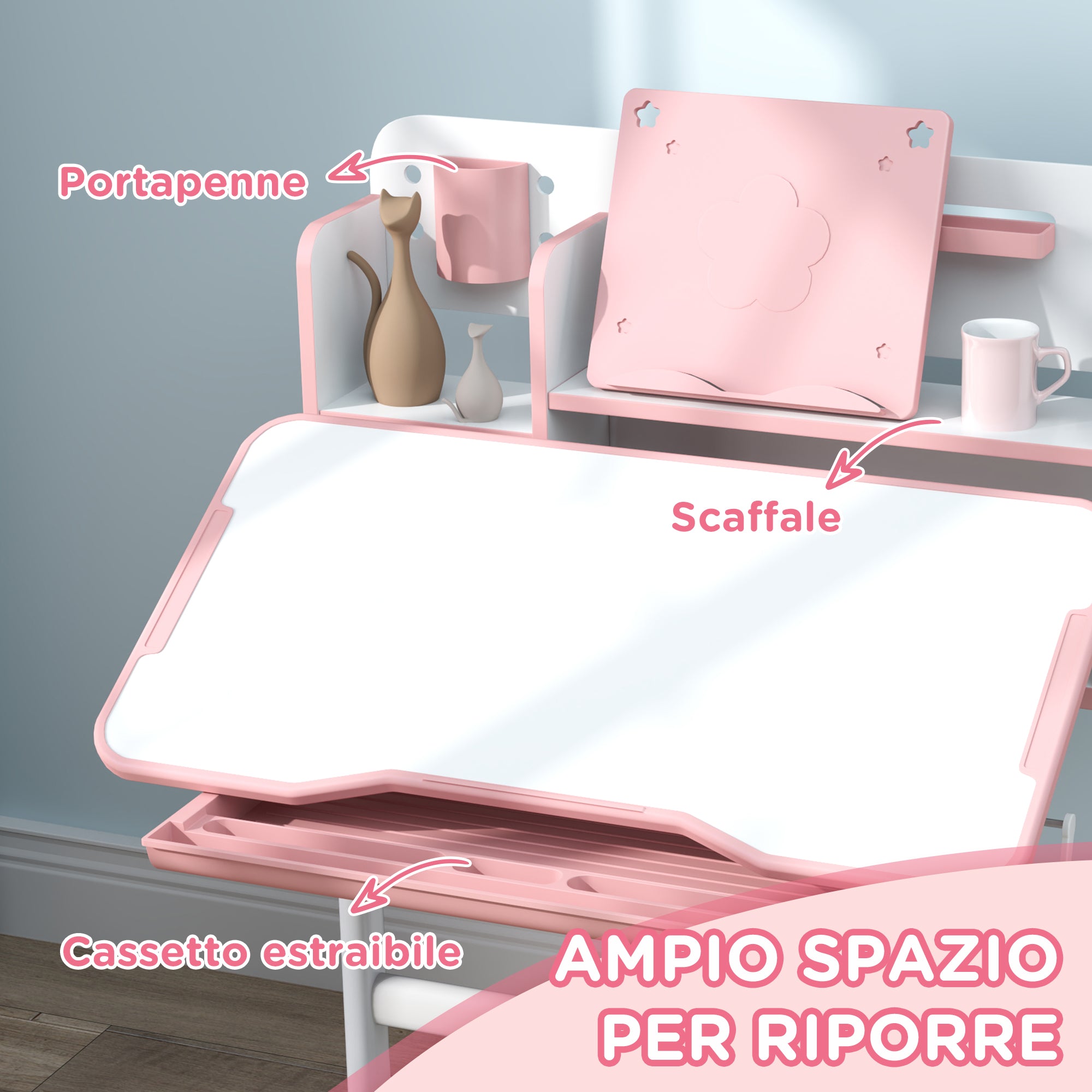 Adjustable Children's Desk and Chair Set for 3-12 Year Olds, School Desk with 45° Tilting Top, Drawer, Shelf, Pen Holder, and Bookstand, in Steel and MDF, Pink