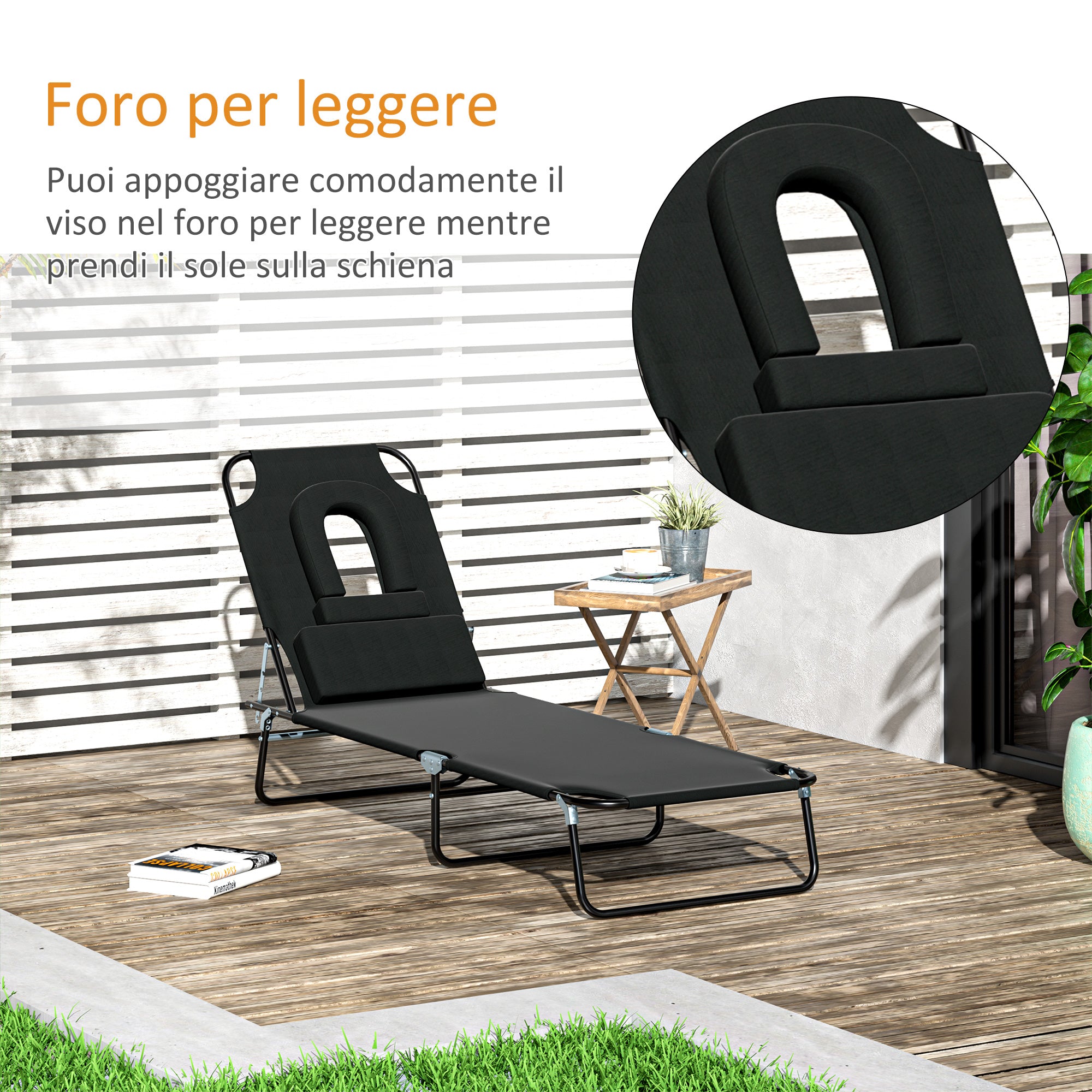 Folding Outdoor Sun Lounger with Face Hole and Cushions, Garden Sun Lounger, Beach & Camping, Black