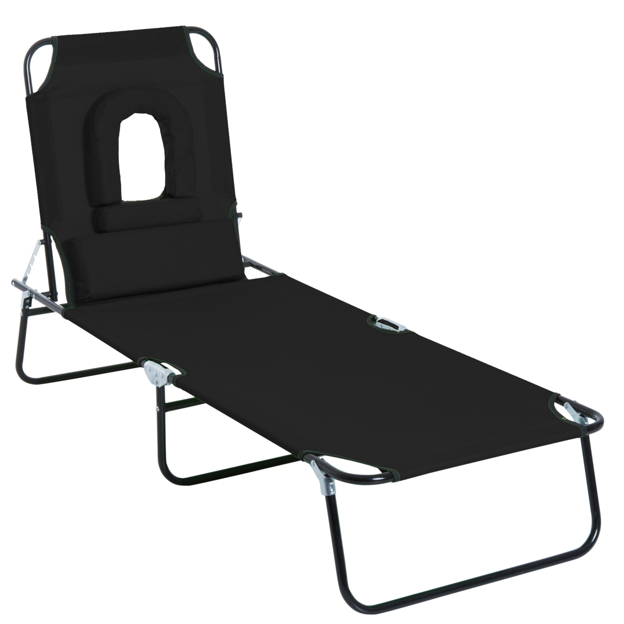 Folding Outdoor Sun Lounger with Face Hole and Cushions, Garden Sun Lounger, Beach & Camping, Black