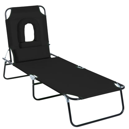 Folding Outdoor Sun Lounger with Face Hole and Cushions, Garden Sun Lounger, Beach & Camping, Black