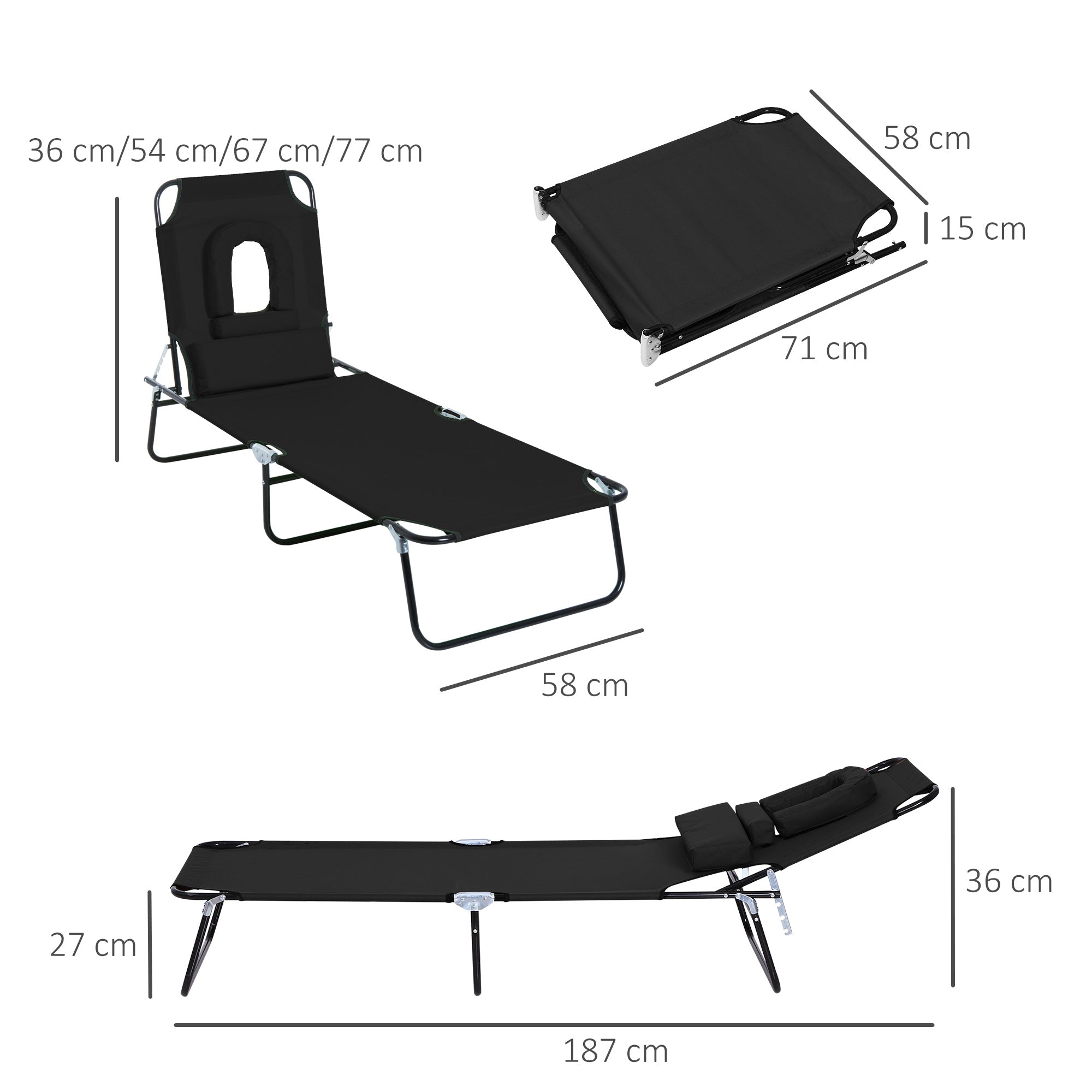 Folding Outdoor Sun Lounger with Face Hole and Cushions, Garden Sun Lounger, Beach & Camping, Black