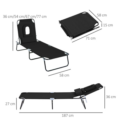 Folding Outdoor Sun Lounger with Face Hole and Cushions, Garden Sun Lounger, Beach & Camping, Black
