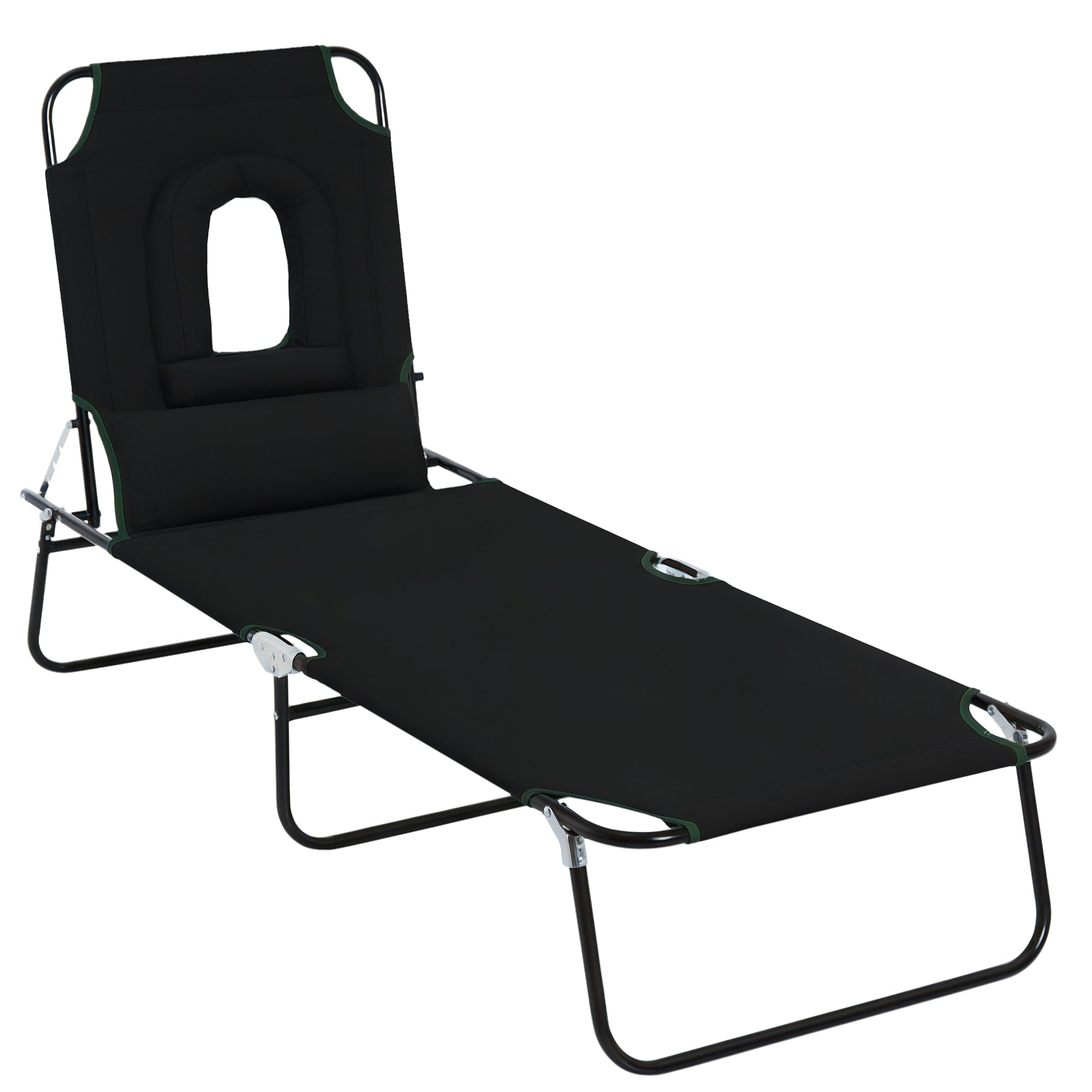Folding Outdoor Sun Lounger with Face Hole and Cushions, Garden Sun Lounger, Beach & Camping, Black