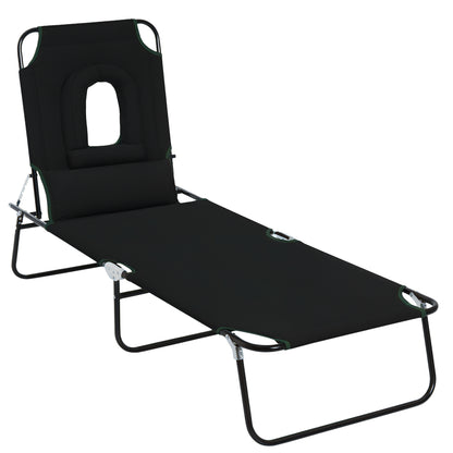 Folding Outdoor Sun Lounger with Face Hole and Cushions, Garden Sun Lounger, Beach & Camping, Black