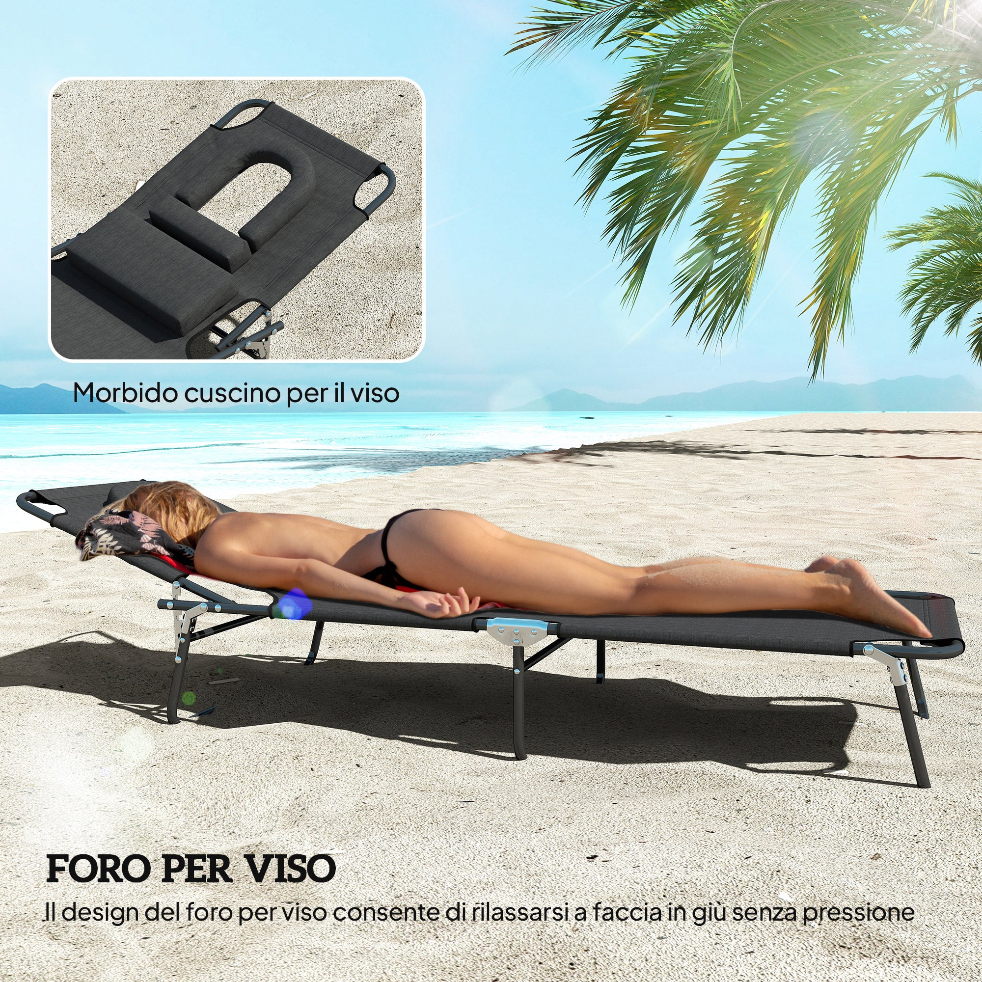 Folding Outdoor Sun Lounger with Face Hole and Cushions, Garden Sun Lounger, Beach & Camping, Black