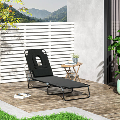 Folding Outdoor Sun Lounger with Face Hole and Cushions, Garden Sun Lounger, Beach & Camping, Black