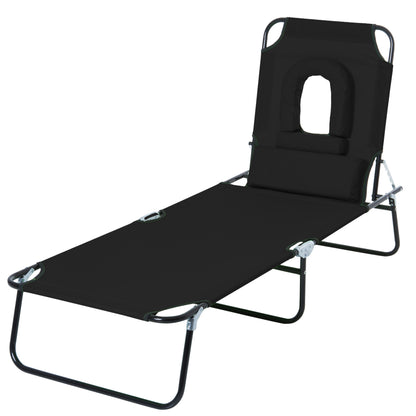 Folding Outdoor Sun Lounger with Face Hole and Cushions, Garden Sun Lounger, Beach & Camping, Black