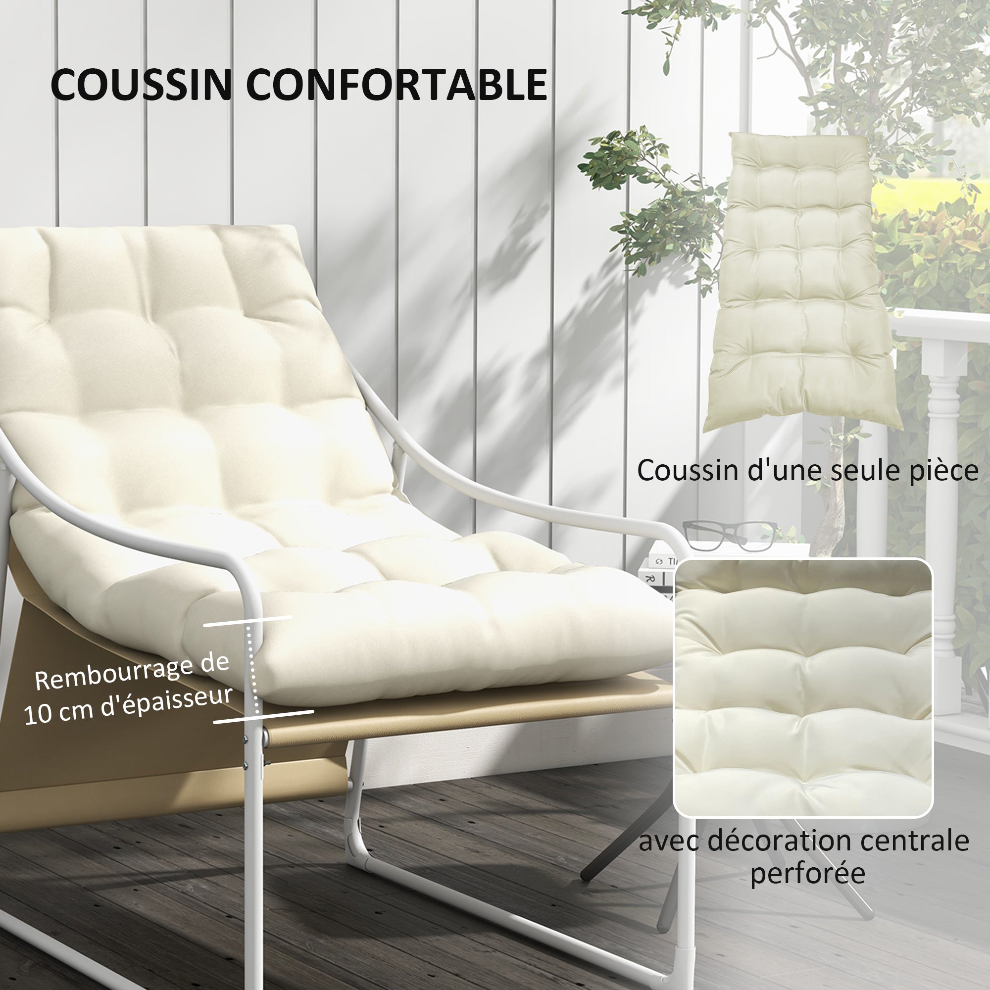 Garden Chair Outdoor Armchair with Cushion Steel Frame for Balcony, Terrace, Garden dim. 62W x 110D x 88H cm Beige