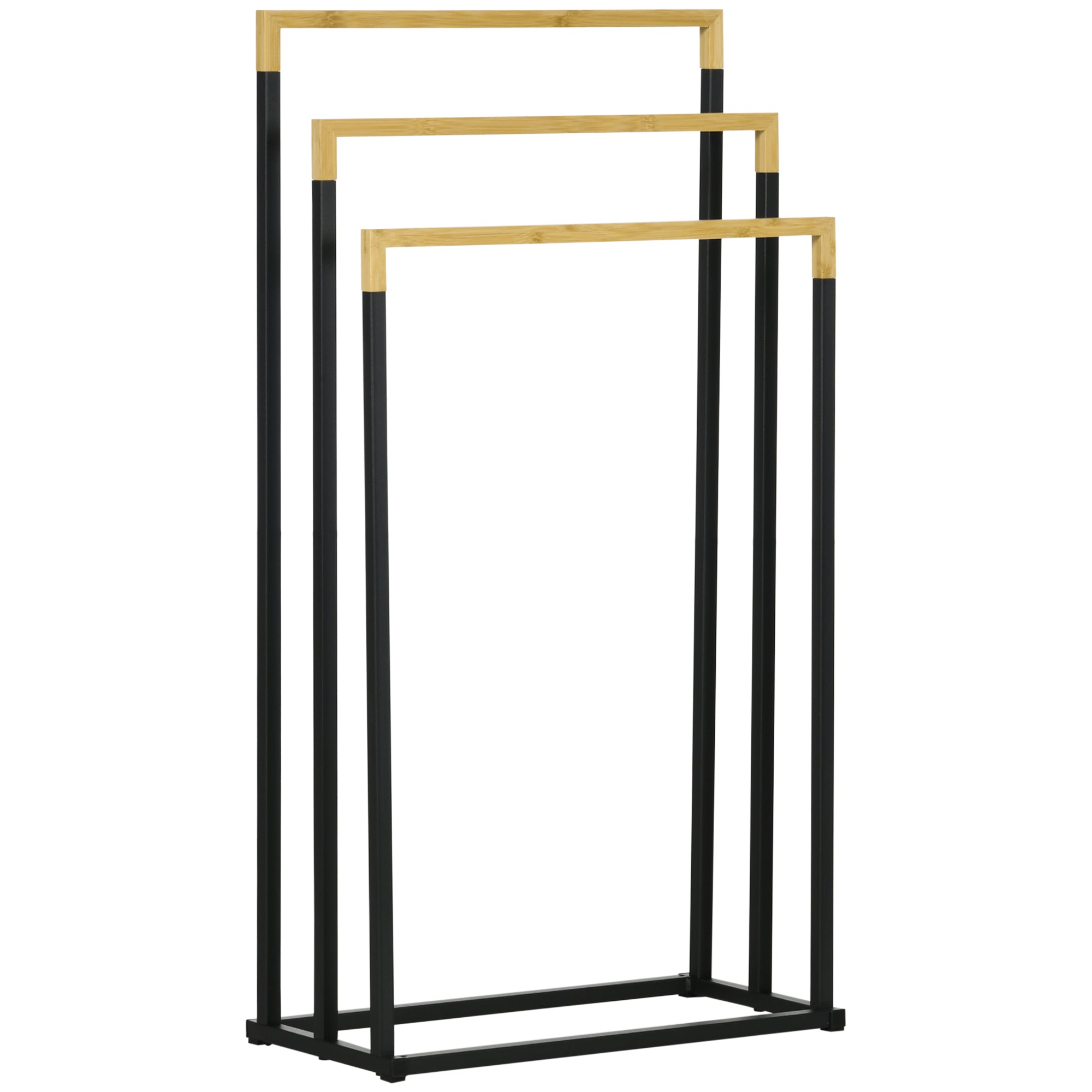 Freestanding Towel Holder, Towel Stand with 3 Towel Bars Bath Towel Rack for Bathroom Steel Bamboo Black