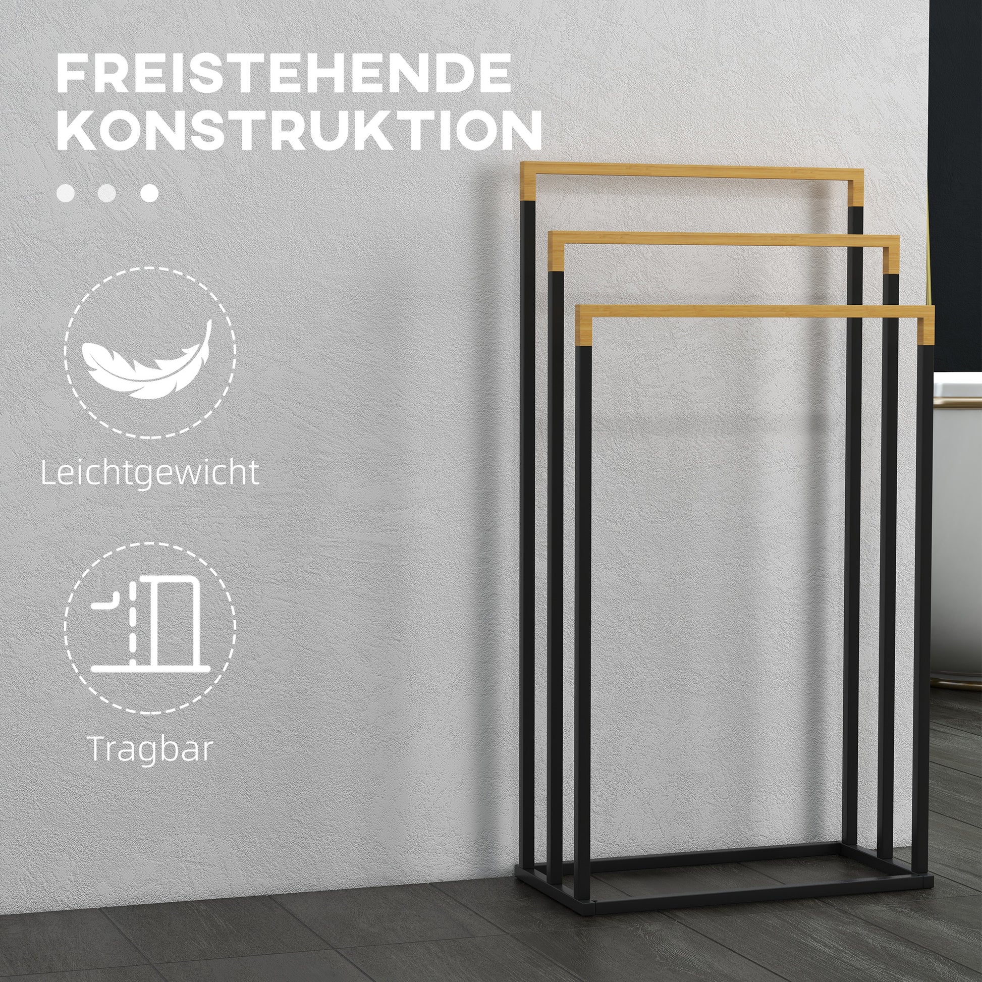 Freestanding Towel Holder, Towel Stand with 3 Towel Bars Bath Towel Rack for Bathroom Steel Bamboo Black