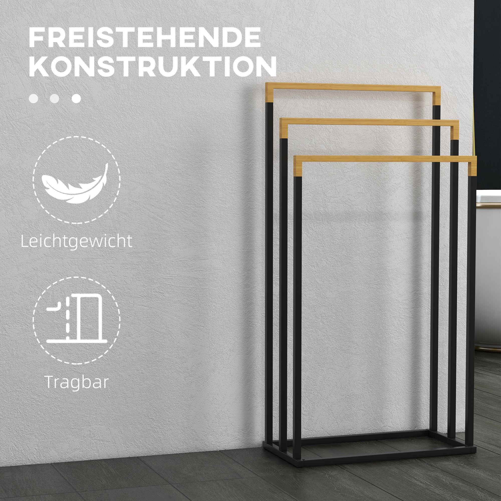 Freestanding Towel Holder, Towel Stand with 3 Towel Bars Bath Towel Rack for Bathroom Steel Bamboo Black