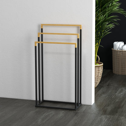 Freestanding Towel Holder, Towel Stand with 3 Towel Bars Bath Towel Rack for Bathroom Steel Bamboo Black