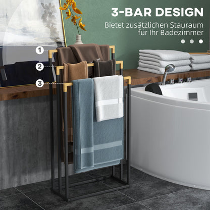 Freestanding Towel Holder, Towel Stand with 3 Towel Bars Bath Towel Rack for Bathroom Steel Bamboo Black