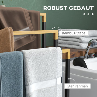 Freestanding Towel Holder, Towel Stand with 3 Towel Bars Bath Towel Rack for Bathroom Steel Bamboo Black