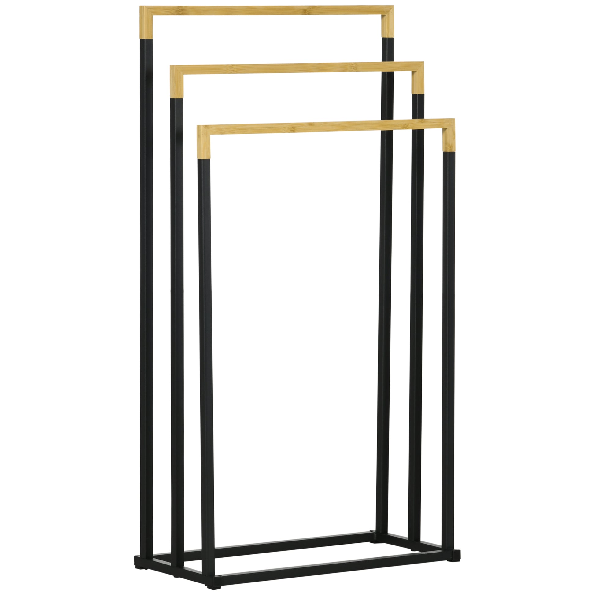 Freestanding Towel Holder, Towel Stand with 3 Towel Bars Bath Towel Rack for Bathroom Steel Bamboo Black