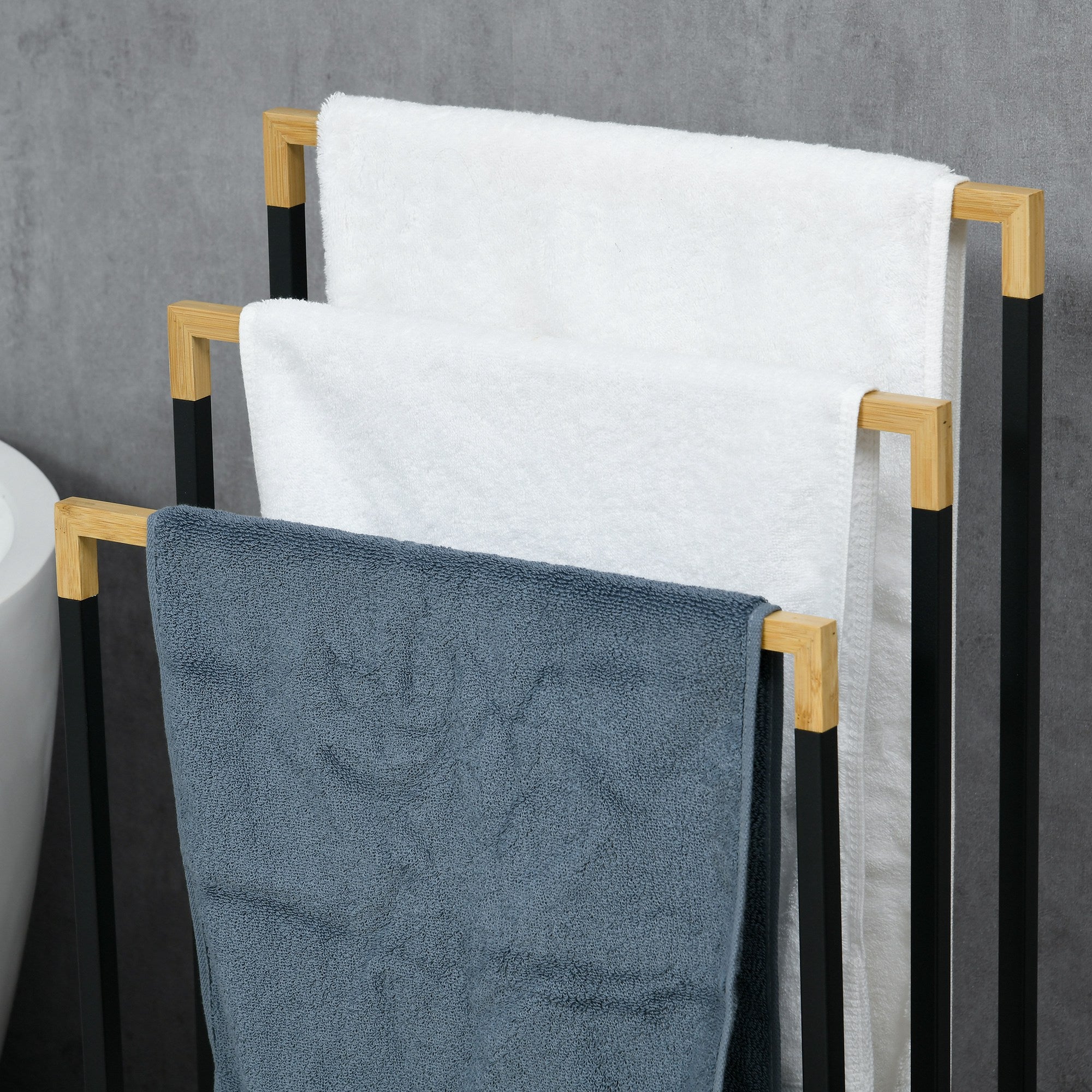 Freestanding Towel Holder, Towel Stand with 3 Towel Bars Bath Towel Rack for Bathroom Steel Bamboo Black