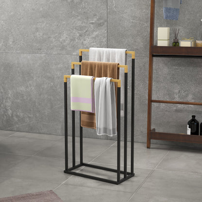 Freestanding Towel Holder, Towel Stand with 3 Towel Bars Bath Towel Rack for Bathroom Steel Bamboo Black
