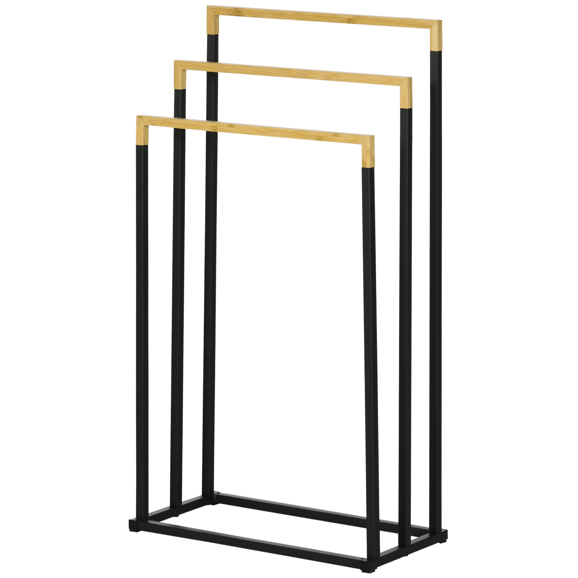 Freestanding Towel Holder, Towel Stand with 3 Towel Bars Bath Towel Rack for Bathroom Steel Bamboo Black