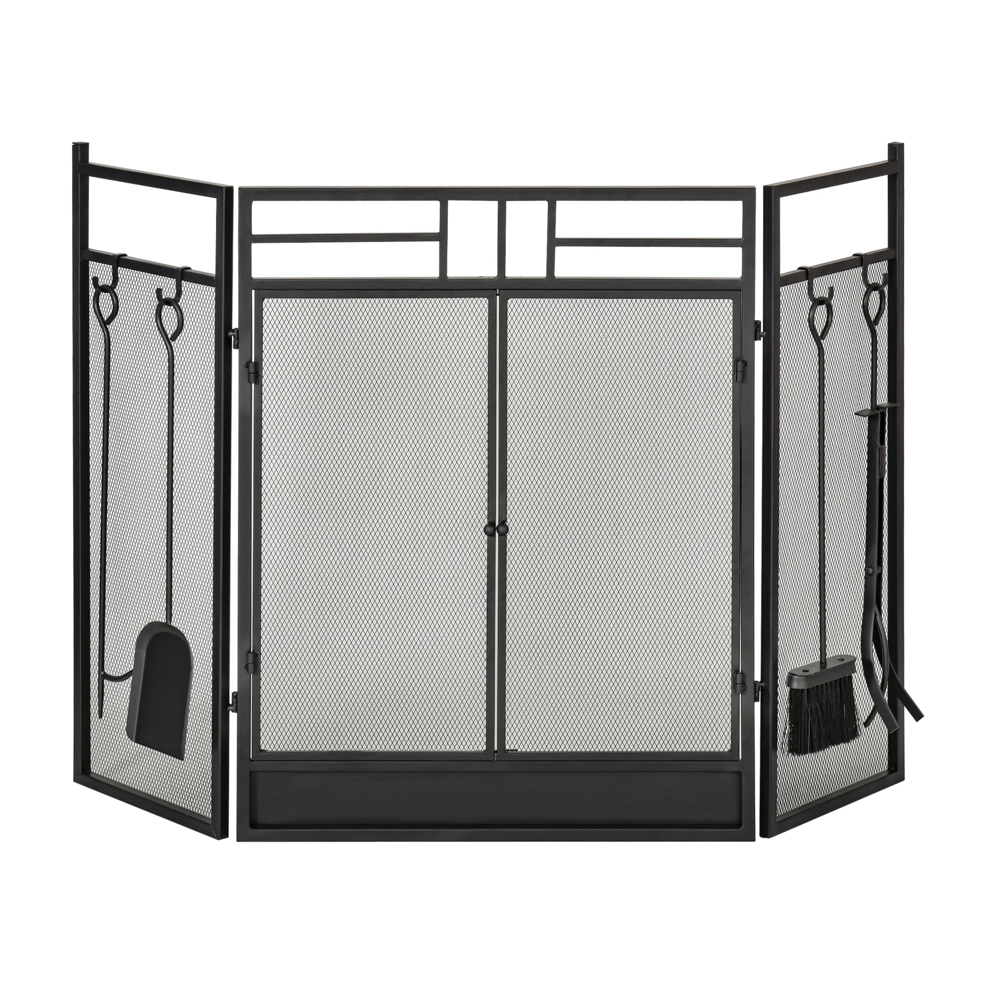 Large Fireplace Screen for Fireplace or Stove - Spark Guard 2 in 1 with Accessories - 3 Foldable Panels and Door - Black Steel Metal