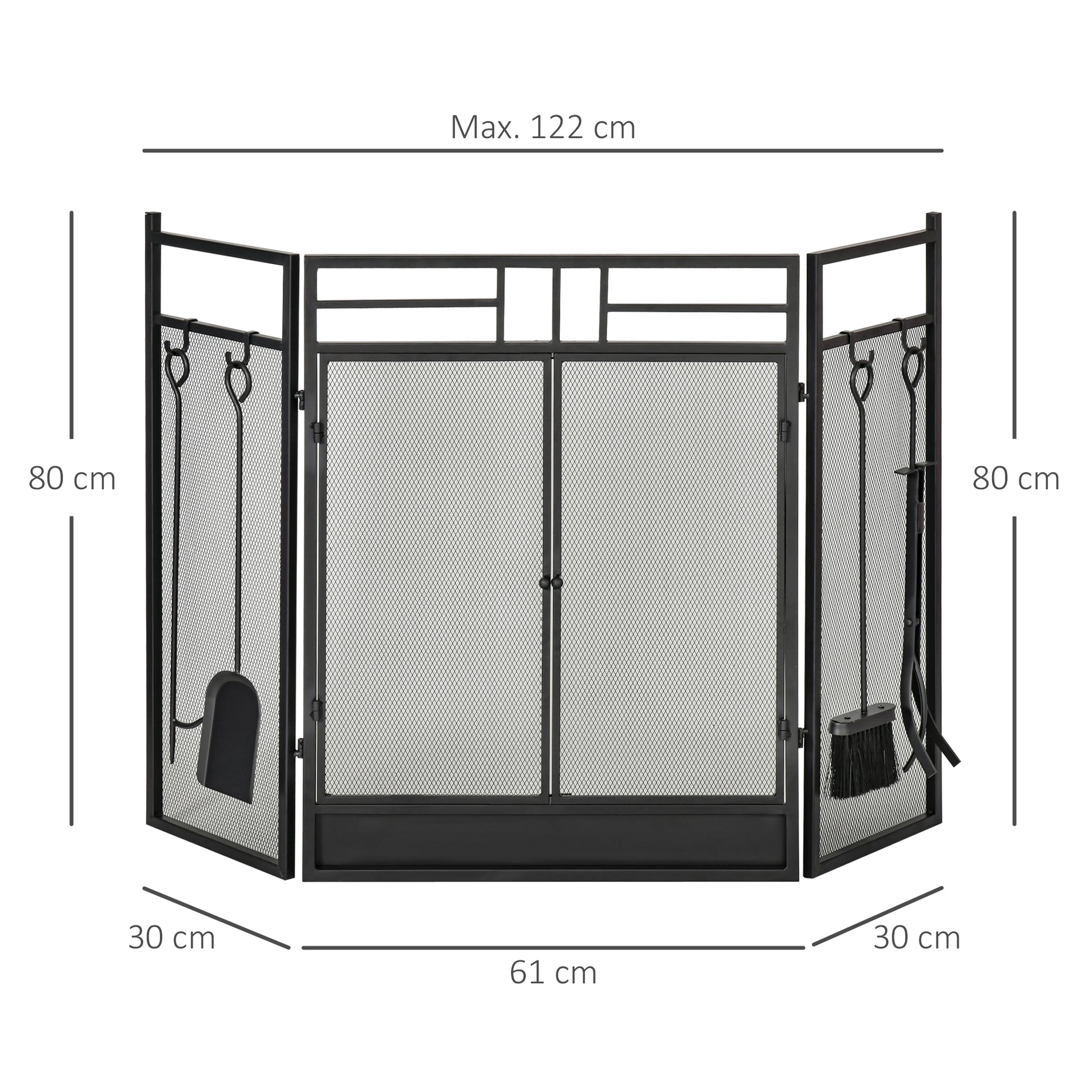 Large Fireplace Screen for Fireplace or Stove - Spark Guard 2 in 1 with Accessories - 3 Foldable Panels and Door - Black Steel Metal