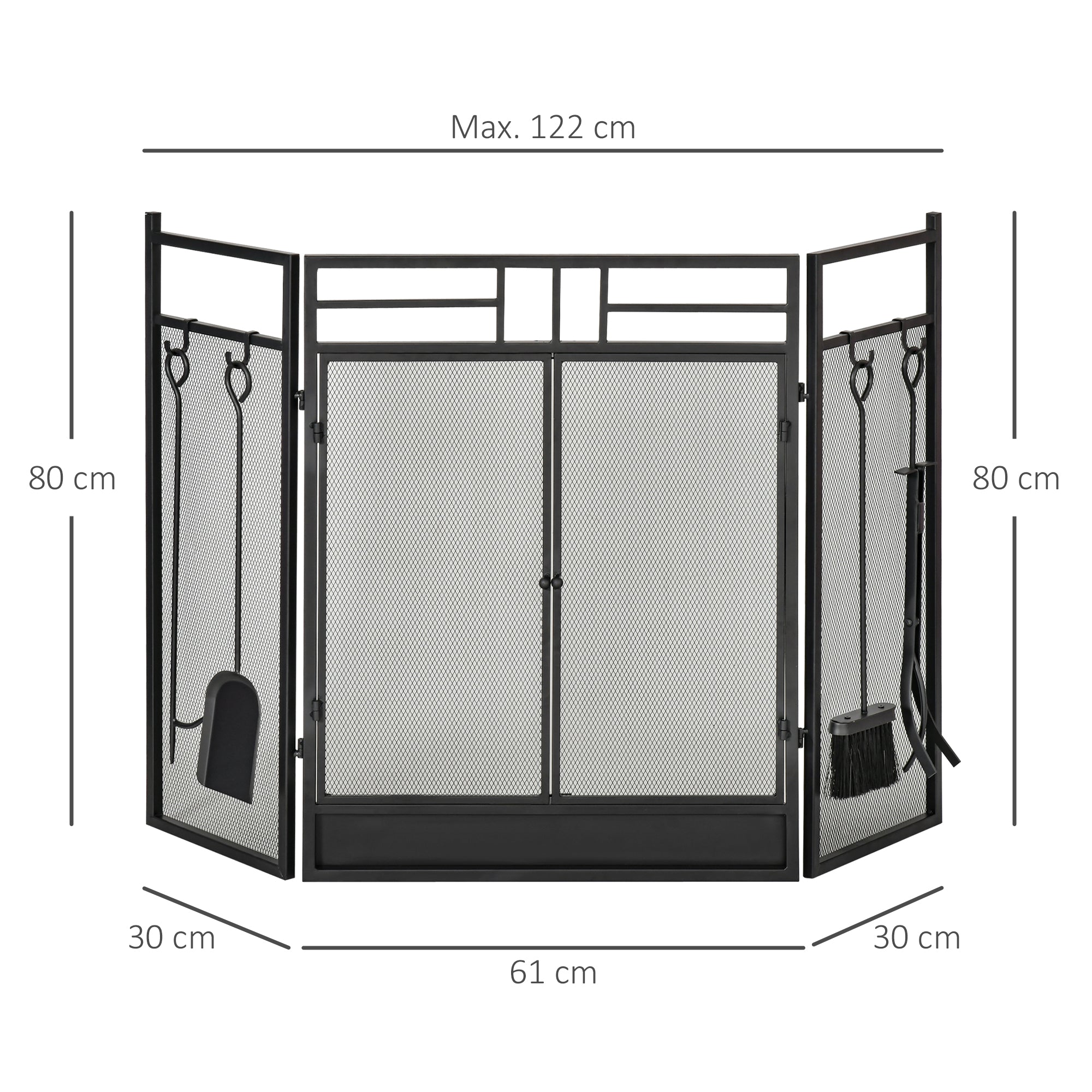 Large Fireplace Screen for Fireplace or Stove - Spark Guard 2 in 1 with Accessories - 3 Foldable Panels and Door - Black Steel Metal