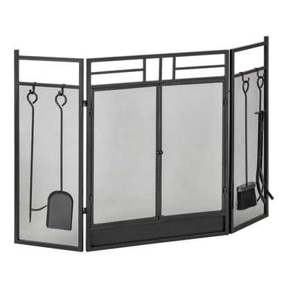 Large Fireplace Screen for Fireplace or Stove - Spark Guard 2 in 1 with Accessories - 3 Foldable Panels and Door - Black Steel Metal