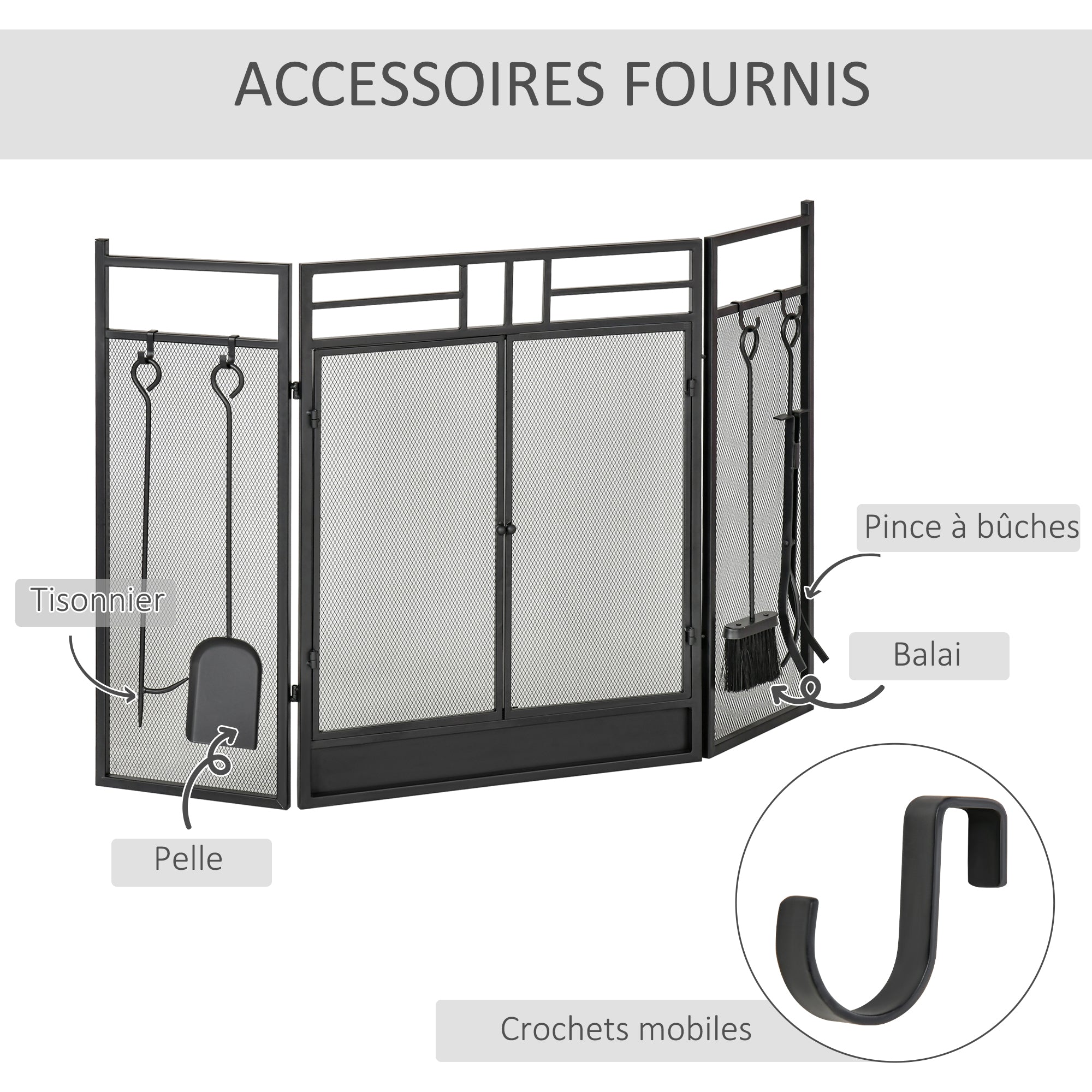 Large Fireplace Screen for Fireplace or Stove - Spark Guard 2 in 1 with Accessories - 3 Foldable Panels and Door - Black Steel Metal