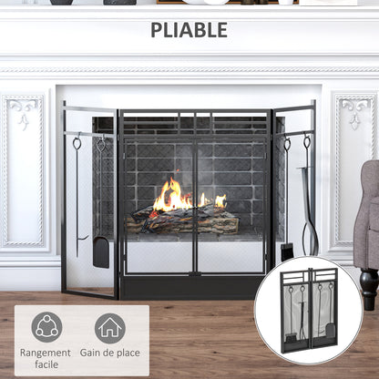 Large Fireplace Screen for Fireplace or Stove - Spark Guard 2 in 1 with Accessories - 3 Foldable Panels and Door - Black Steel Metal