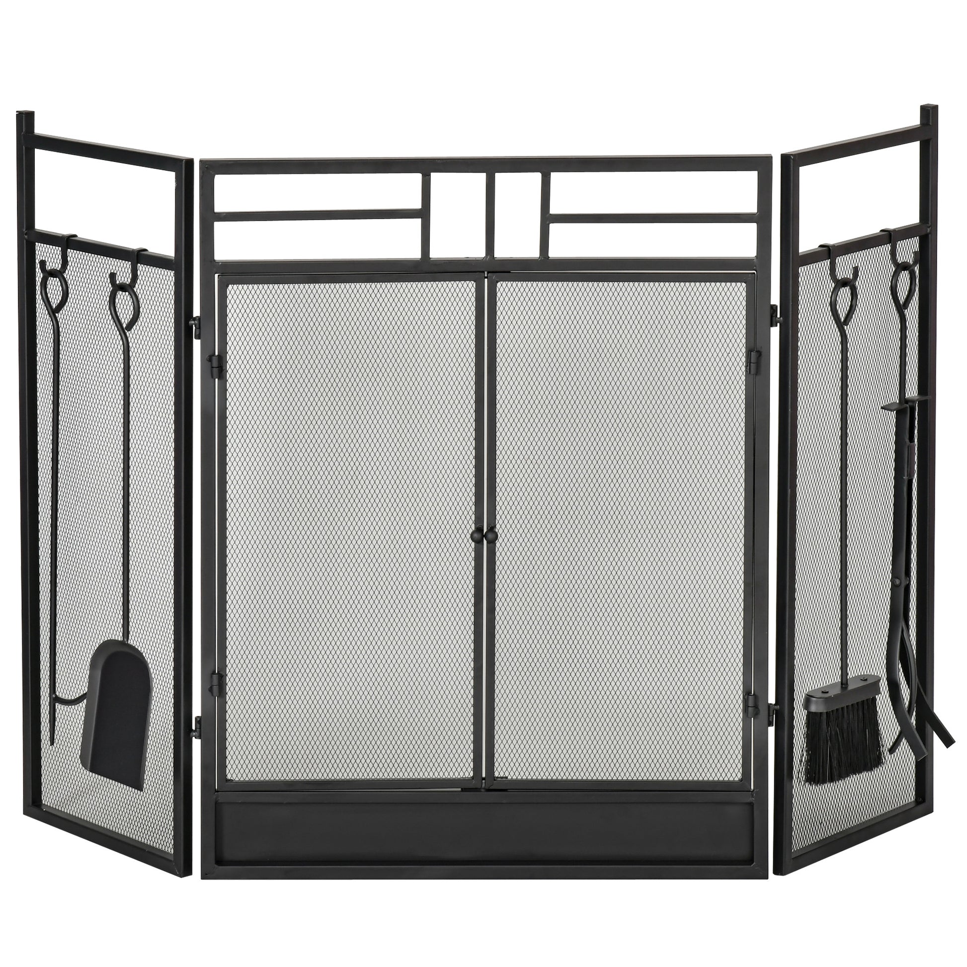 Large Fireplace Screen for Fireplace or Stove - Spark Guard 2 in 1 with Accessories - 3 Foldable Panels and Door - Black Steel Metal