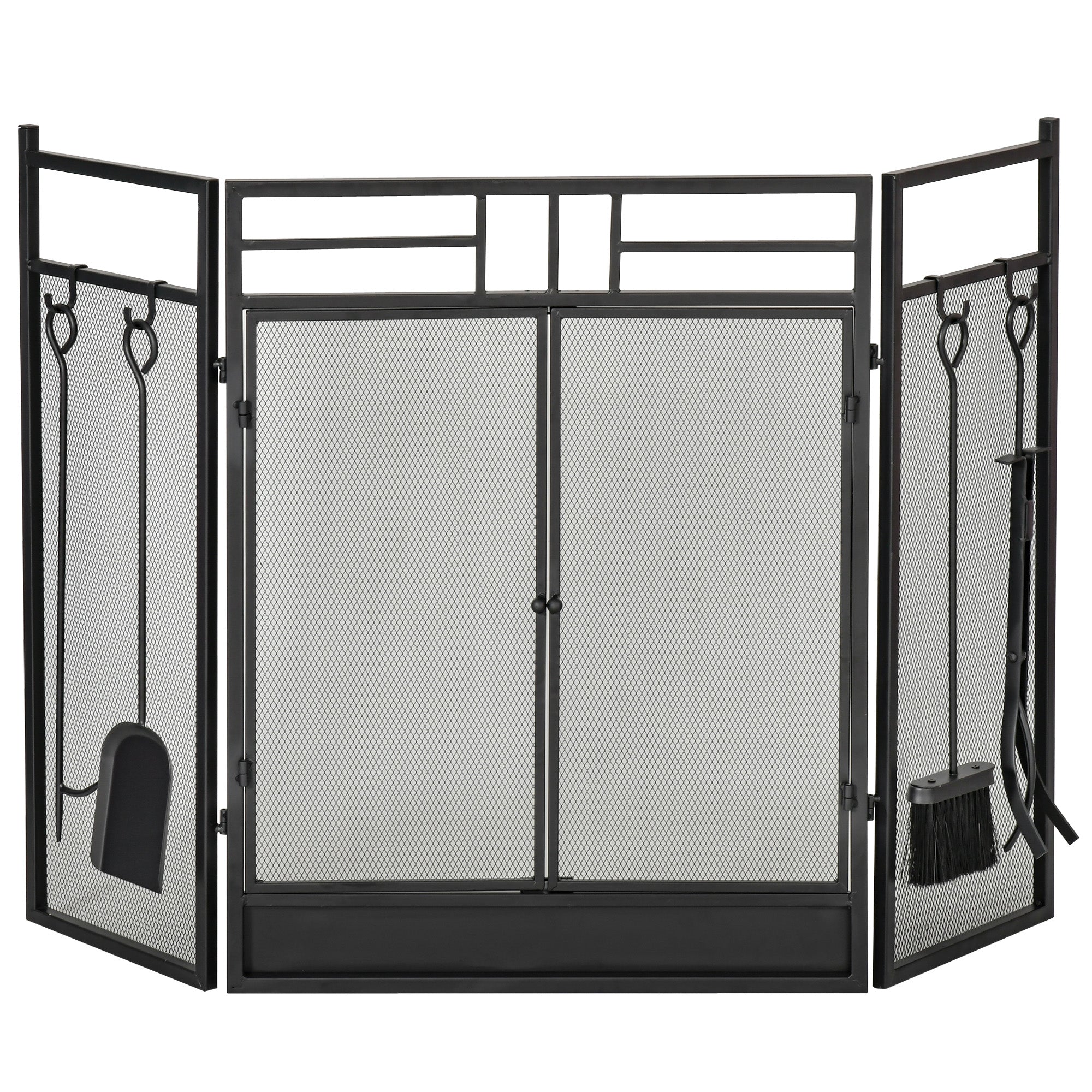 Large Fireplace Screen for Fireplace or Stove - Spark Guard 2 in 1 with Accessories - 3 Foldable Panels and Door - Black Steel Metal