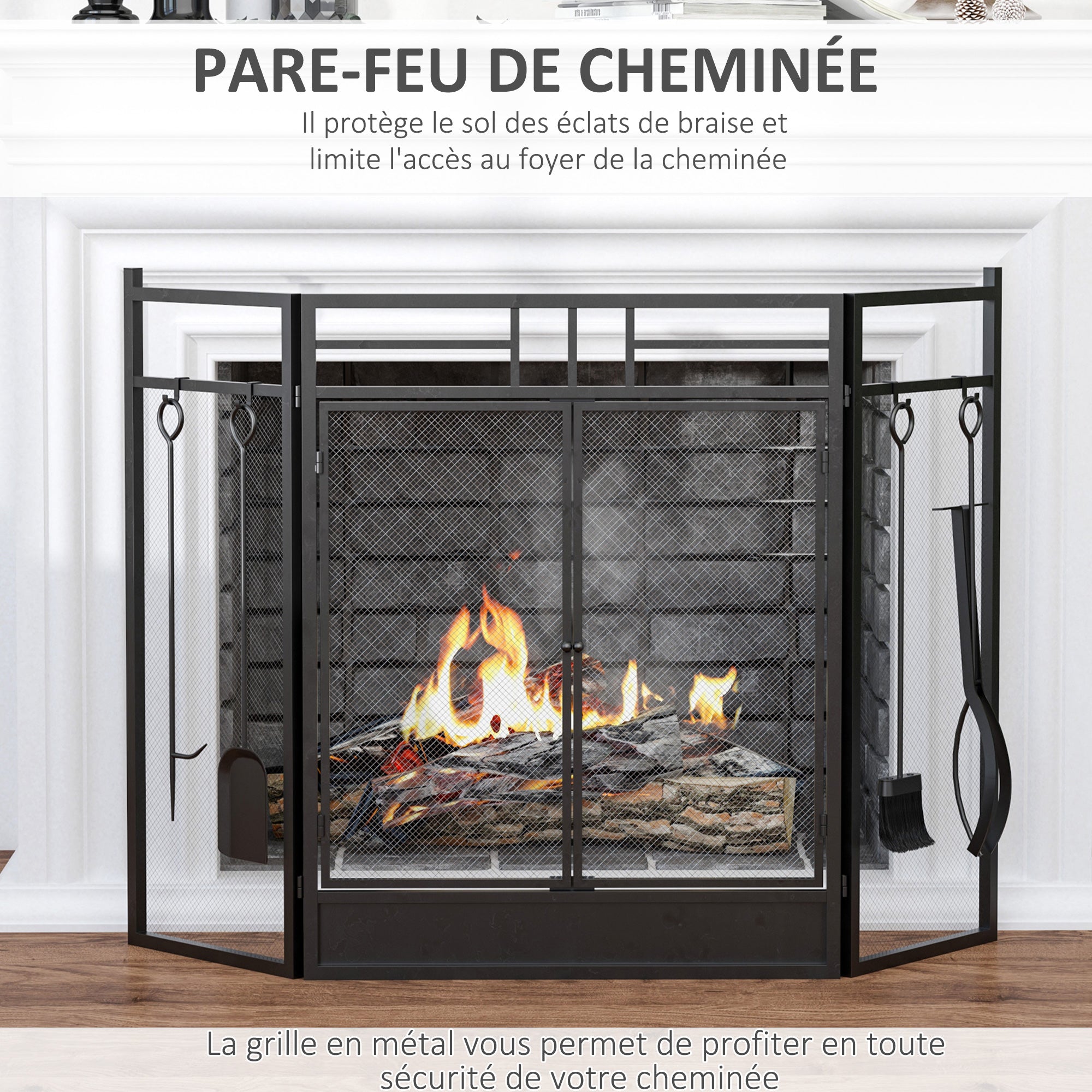Large Fireplace Screen for Fireplace or Stove - Spark Guard 2 in 1 with Accessories - 3 Foldable Panels and Door - Black Steel Metal