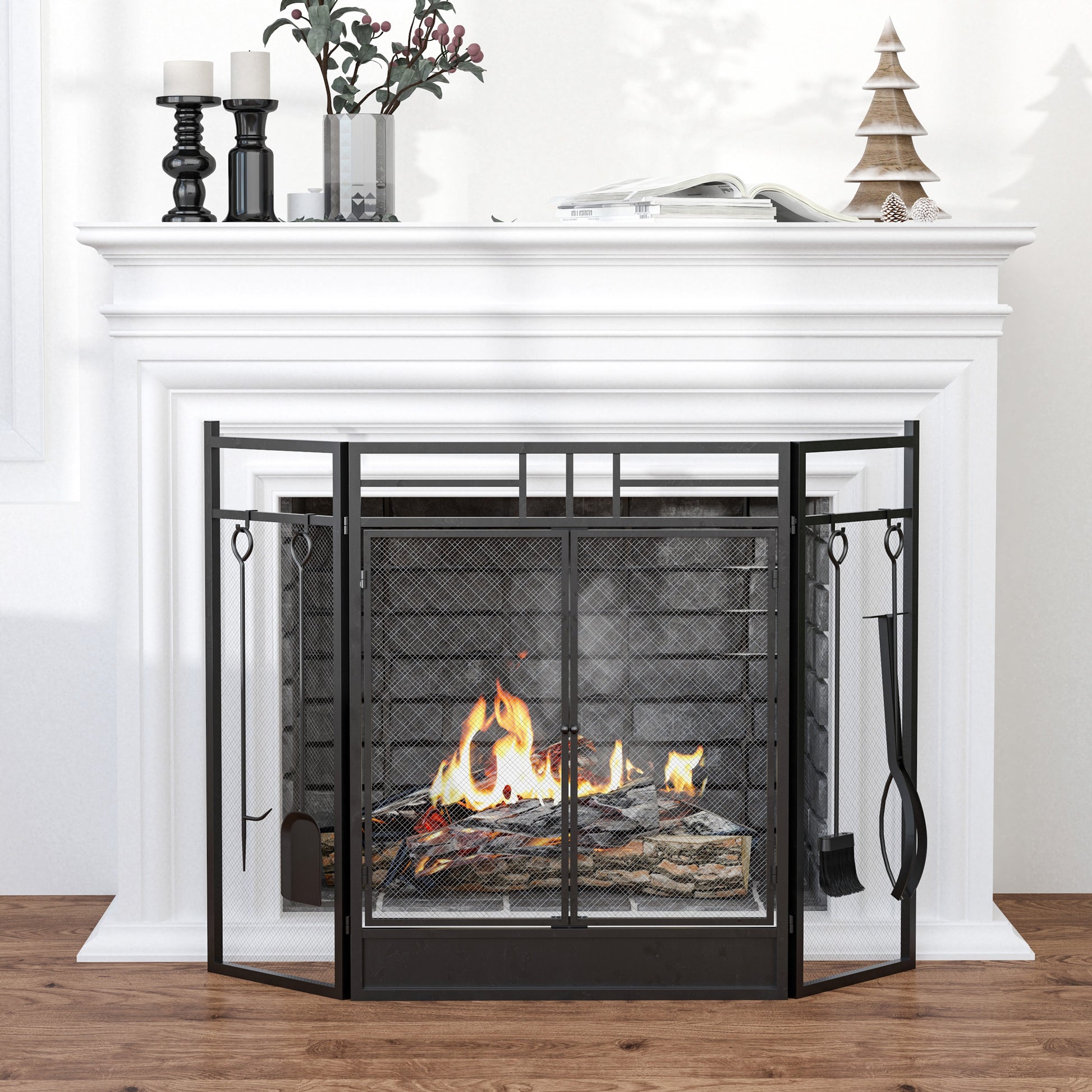 Large Fireplace Screen for Fireplace or Stove - Spark Guard 2 in 1 with Accessories - 3 Foldable Panels and Door - Black Steel Metal